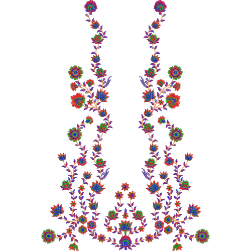 Colorful Floral Neckline Embroidery Design with Vertical Vine Layout and Symmetrical Multicolor Motifs
