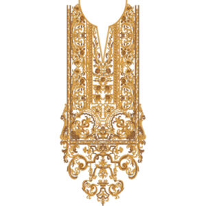 Luxury Baroque Neckline Embroidery Design with Ornate Scrollwork and Symmetrical Panel Detailing