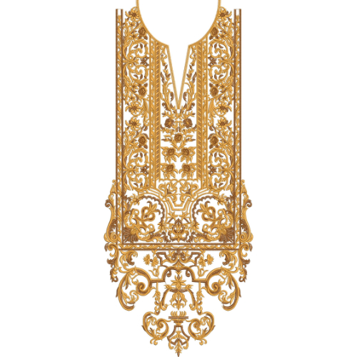 Luxury Baroque Neckline Embroidery Design with Ornate Scrollwork and Symmetrical Panel Detailing