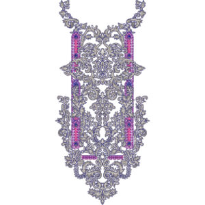 Ornate Baroque Neckline Embroidery Design with Intricate Scrollwork and Decorative Panel Accents