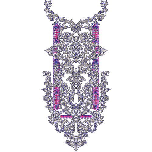 Ornate Baroque Neckline Embroidery Design with Intricate Scrollwork and Decorative Panel Accents