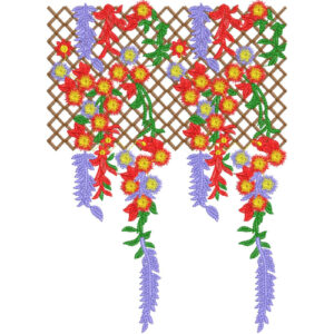 Colorful Floral Neckline Embroidery Design with Lattice Net Background and Hanging Vine Motifs