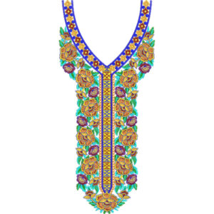 Vibrant Floral V-Neckline Embroidery Design with Geometric Center Panel and Ornamental Borders