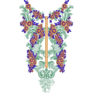 Bold Floral Slit Neckline Embroidery Design with Sunflower Motifs and Ornamental Vine Detailing