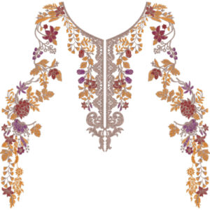 Elegant Floral V-Neckline Embroidery Design with Ornamental Center Panel and Flowing Side Vines