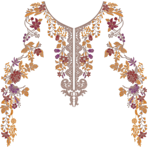 Elegant Floral V-Neckline Embroidery Design with Ornamental Center Panel and Flowing Side Vines