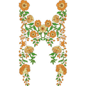 Elegant Floral Neckline Embroidery Design with Soft Orange Blossoms and Flowing Vine Layout