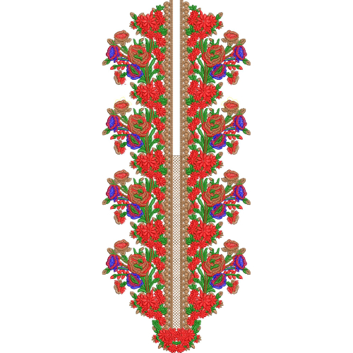 Vibrant Floral Slit Neckline Embroidery Design with Dense Rose Motifs and Central Panel Detailing