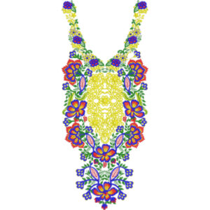 Colorful Floral Neckline Embroidery Design with Central Filigree Pattern and Vibrant Symmetrical Motifs