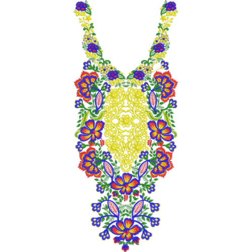 Colorful Floral Neckline Embroidery Design with Central Filigree Pattern and Vibrant Symmetrical Motifs
