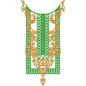 Elegant Geometric and Floral Neckline Embroidery Design with Green Net Panels and Golden Ornamental Motifs