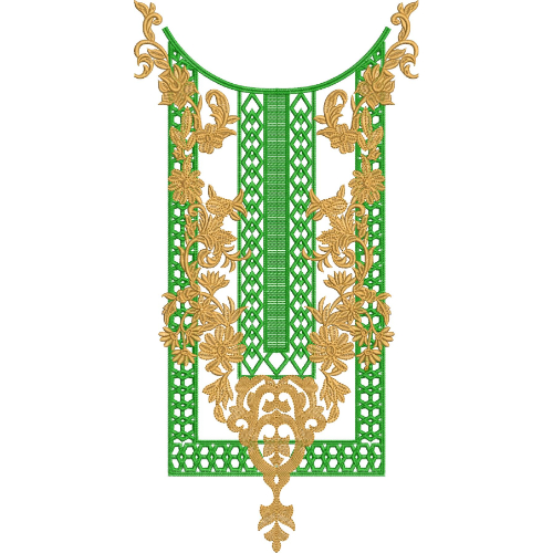 Elegant Geometric and Floral Neckline Embroidery Design with Green Net Panels and Golden Ornamental Motifs