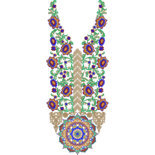 Ornamental Floral Neckline Embroidery Design with Mandala Drop and Symmetrical Vine Detailing