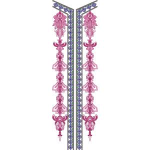 Stylized Ornamental Slit Neckline Embroidery Design with Geometric Borders and Vertical Motif Arrangement