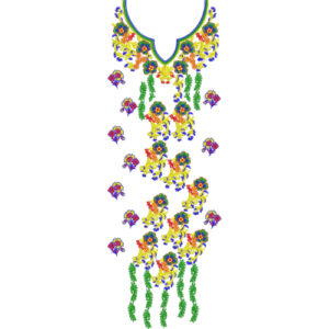 Colorful Floral Neckline Embroidery Design with Scattered Motifs and Cascading Vine Layout