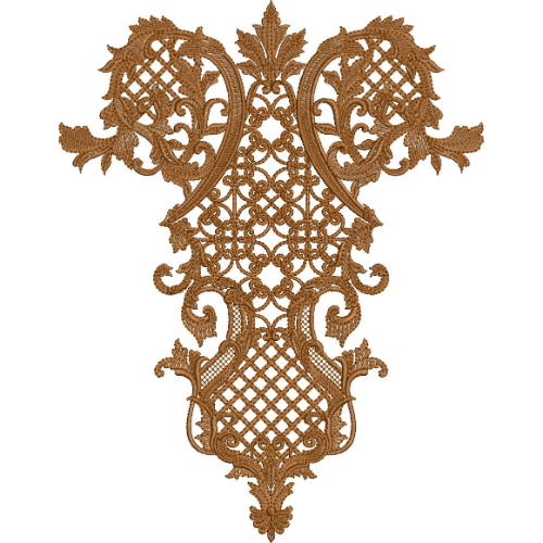 Classic Ornamental Neckline Embroidery Design with Lattice Fill and Baroque Scroll Detailing