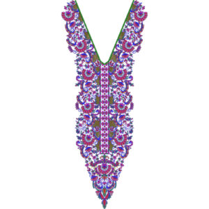 Vibrant Floral V-Neckline Embroidery Design with Ornamental Center Panel and Dense Symmetrical Detailing