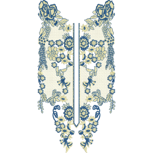 Elegant Blue Floral Slit Neckline Embroidery Design with Net Fill Background and Delicate Vine Detailing