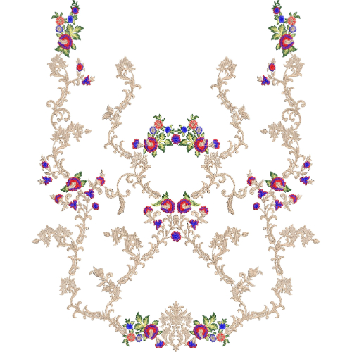 Delicate Floral Neckline Embroidery Design with Ornamental Beige Vines and Multicolor Accents
