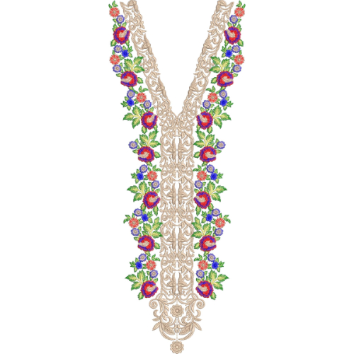 Elegant Floral V-Neckline Embroidery Design with Ornamental Center Panel and Multicolor Side Vines