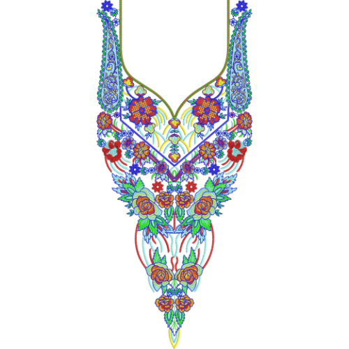 Colorful Ornamental V-Neckline Embroidery Design with Floral Motifs and Decorative Drop Pattern