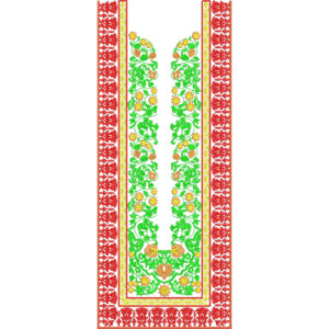Traditional Floral Neckline Embroidery Design with Decorative Red Borders and Vertical Vine Pattern