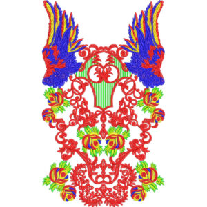 Colorful Bird and Floral Neckline Embroidery Design with Ornamental Scrollwork and Symmetrical Layout