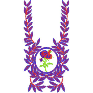 Rose Motif Neckline Embroidery Design with Circular Medallion and Leaf Vine Borders