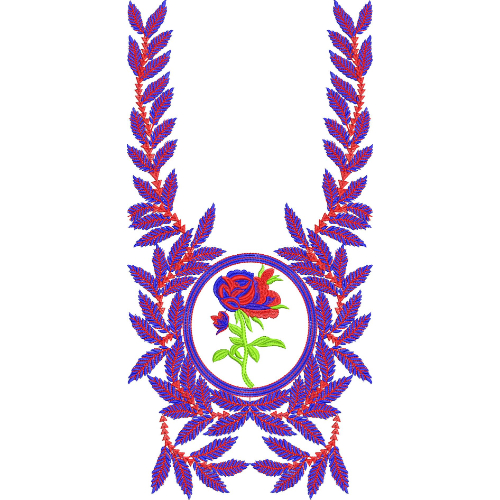 Rose Motif Neckline Embroidery Design with Circular Medallion and Leaf Vine Borders