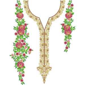 Elegant Rose Floral V-Neckline Embroidery Design with Ornamental Center Panel and Flowing Side Vines