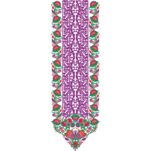 Floral Panel Neckline Embroidery Design with Ornamental Purple Center and Rose Vine Borders