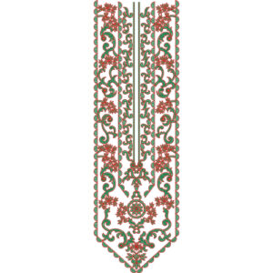 Ornamental Floral Neckline Embroidery Design with Symmetrical Scrollwork and Vertical Panel Layout