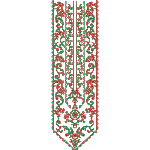 Ornamental Floral Neckline Embroidery Design with Symmetrical Scrollwork and Vertical Panel Layout