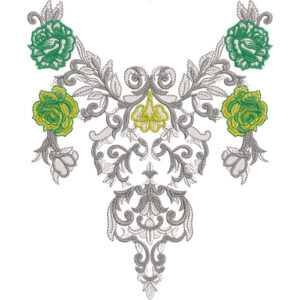Elegant Floral Neckline Embroidery Design with Ornamental Grey Scrollwork and Highlighted Rose Motifs