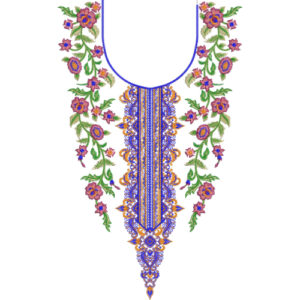 Elegant Floral Neckline Embroidery Design with Ornamental Center Panel and Colorful Vine Detailing