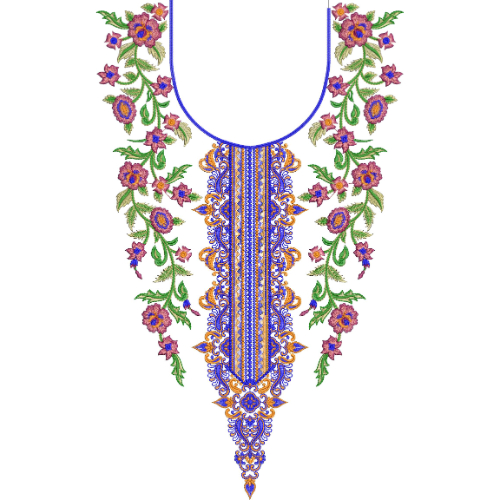 Elegant Floral Neckline Embroidery Design with Ornamental Center Panel and Colorful Vine Detailing