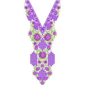 Elegant Purple Floral V-Neckline Embroidery Design with Geometric Fill and Ornamental Detailing