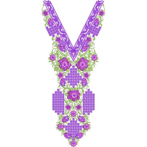 Elegant Purple Floral V-Neckline Embroidery Design with Geometric Fill and Ornamental Detailing