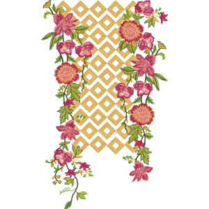 Floral Neckline Embroidery Design with Diamond Lattice Background and Cascading Vine Arrangement