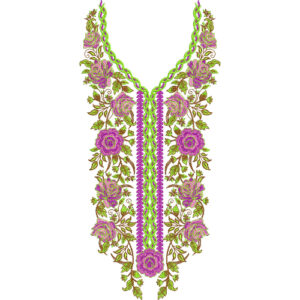 Elegant Floral V-Neckline Embroidery Design with Braided Border and Symmetrical Rose Vine Layout