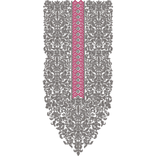 Ornamental Neckline Embroidery Design with Grey Baroque Detailing and Contrasting Geometric Center Panel