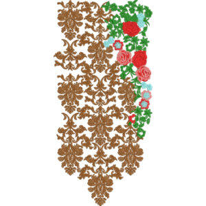 Asymmetrical Floral Neckline Embroidery Design with Baroque Base Pattern and Rose Vine Accents