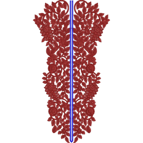 Dense Floral Slit Neckline Embroidery Design with Allover Vine Pattern in Red