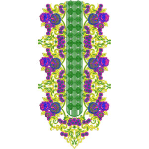 Vibrant Floral Neckline Embroidery Design with Green Textured Panel and Ornamental Vine Borders
