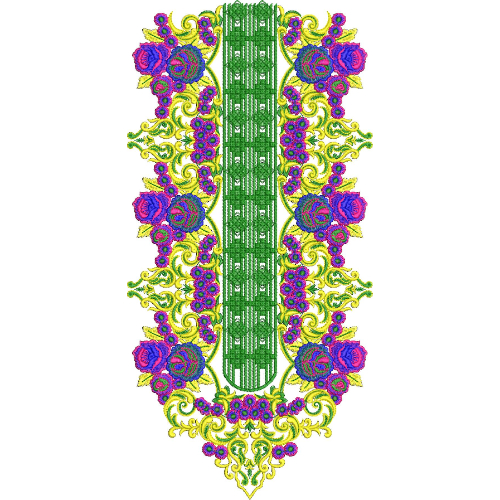 Vibrant Floral Neckline Embroidery Design with Green Textured Panel and Ornamental Vine Borders