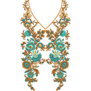 Elegant Floral V-Neckline Embroidery Design with Turquoise Blossoms and Ornamental Vine Detailing