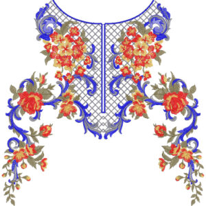 Floral Neckline Embroidery Design with Lattice Net Fill and Ornamental Blue Vine Detailing