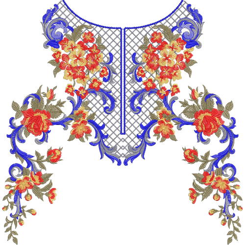 Floral Neckline Embroidery Design with Lattice Net Fill and Ornamental Blue Vine Detailing