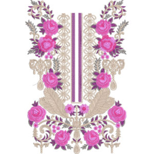 Elegant Rose Slit Neckline Embroidery Design with Geometric Fill and Ornamental Leaf Detailing