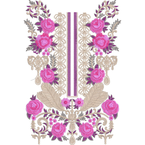 Elegant Rose Slit Neckline Embroidery Design with Geometric Fill and Ornamental Leaf Detailing